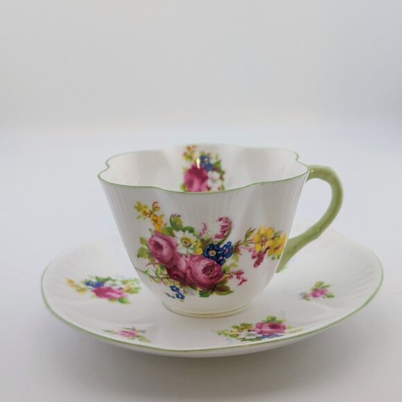 Shelley China Hulmes Rose Teacup & Saucer Dainty Shape Floral Design Green Trim - Picture 5 of 14